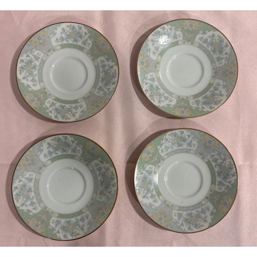 Sango China Kyoto Garden 3829 Saucer Plates Set Of 4 Floral Green Gold Accent